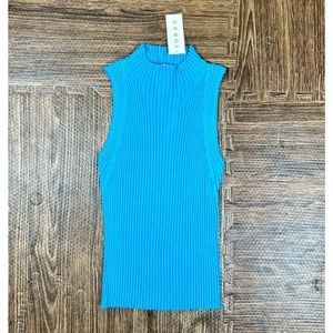 Vtg Y2K Ribbed Fitted Tank Top Mock Neck Blue Sz L Stretch Sorbé NWT